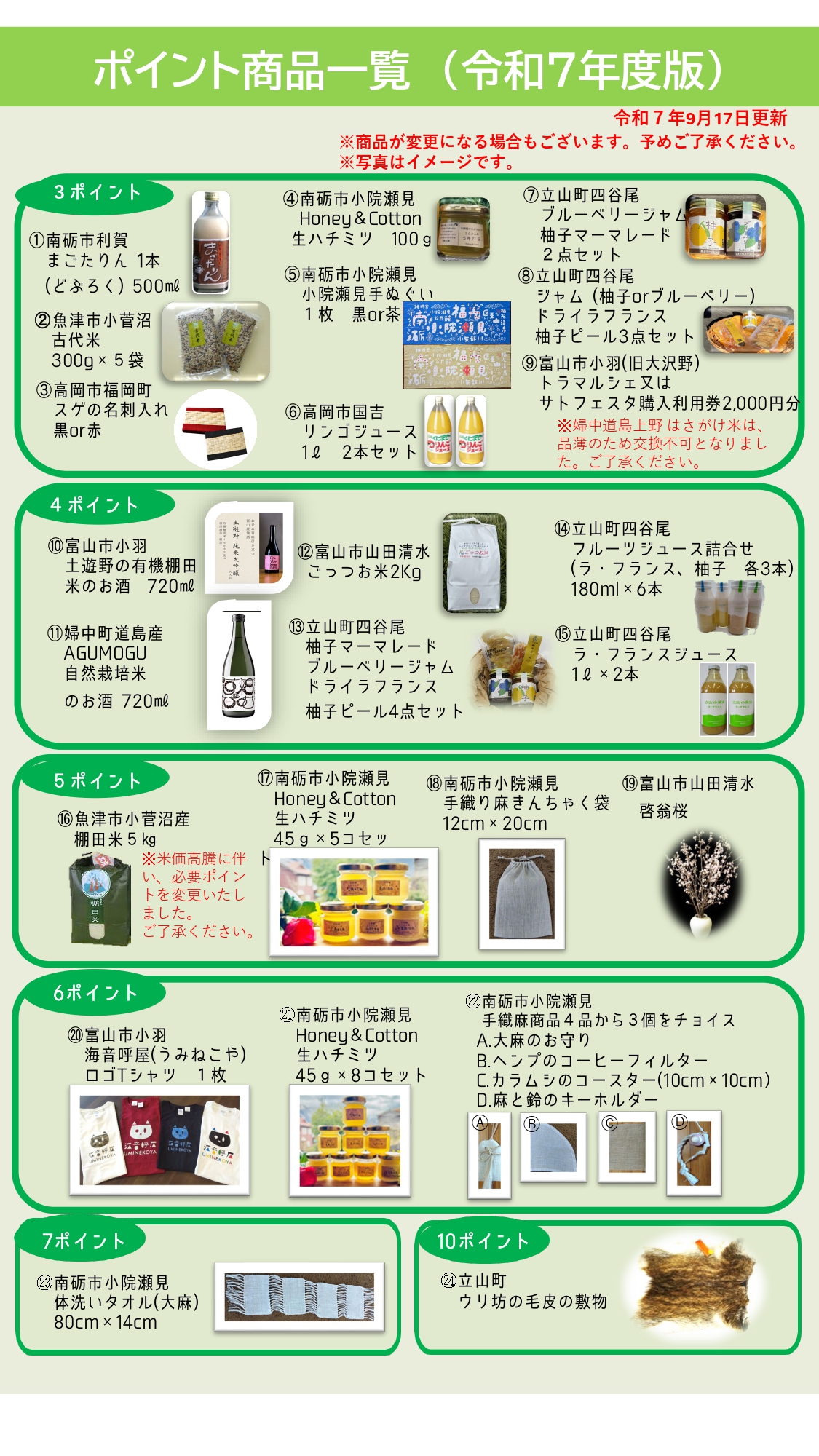 R7年度【とやま農業・農村サポーター】ポイント交換商品一覧更新のご案内