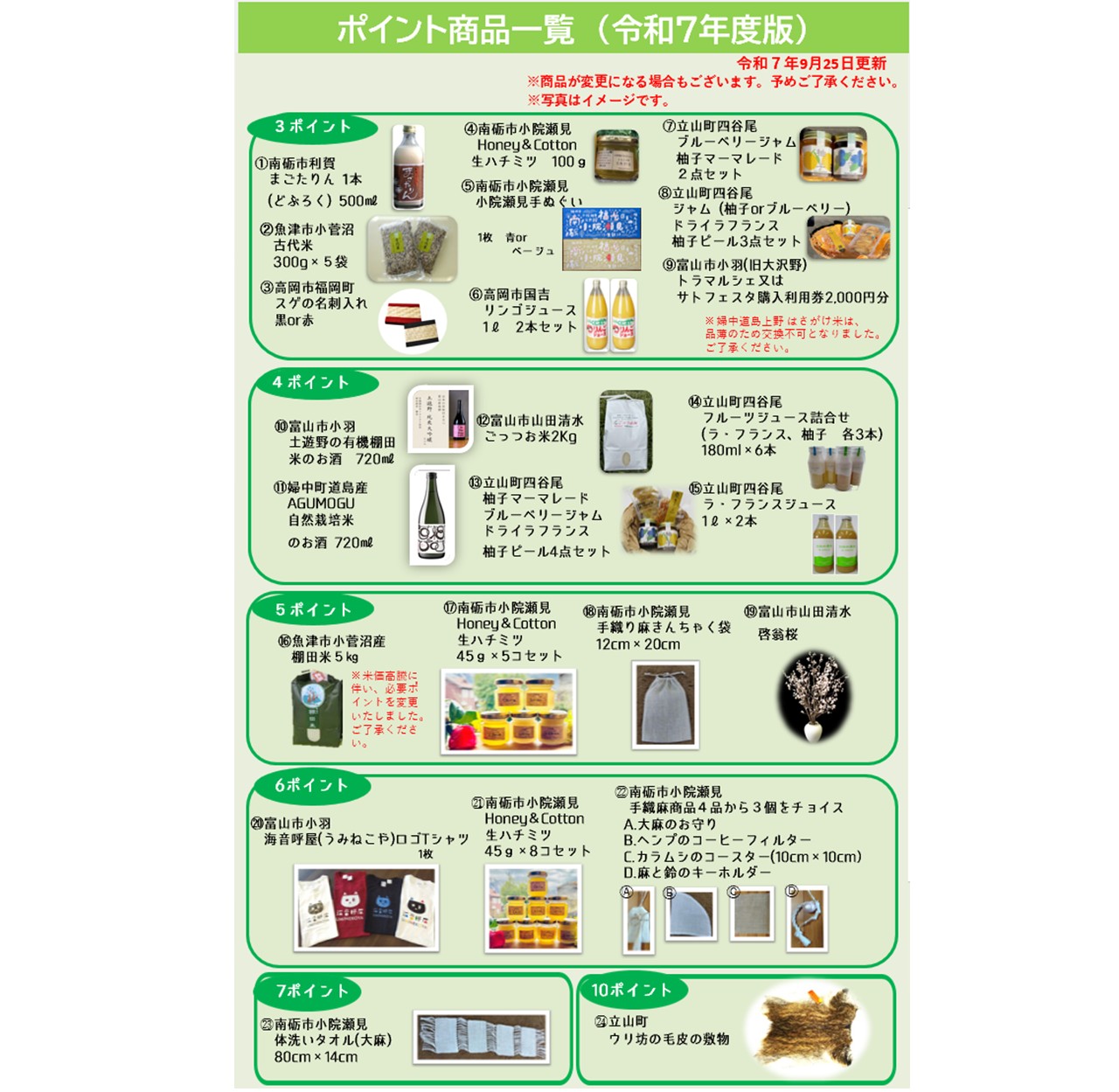 R7年度【とやま農業・農村サポーター】ポイント交換商品一覧更新のご案内